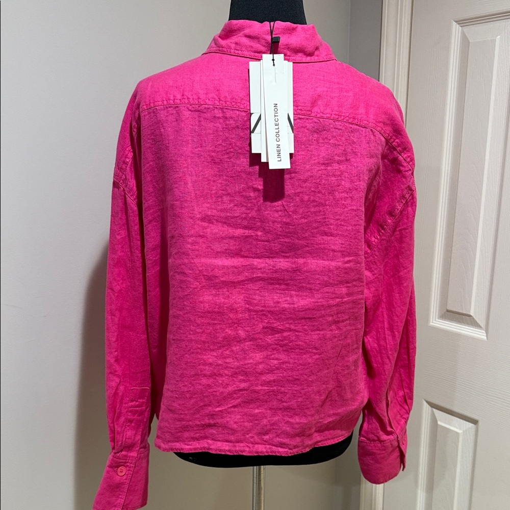 Zara Hot Pink LINEN Button-down cropped Women's Top, Large, oversized fit. - Picture 6 of 10